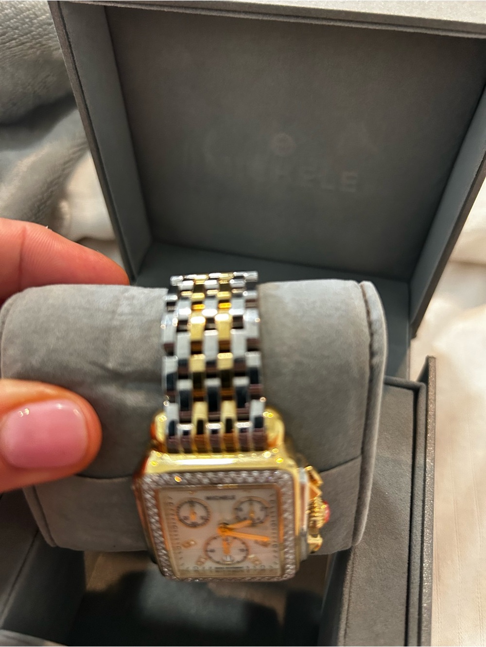Michele Two-Tone Gold and Silver Diamond-Accent Deco Chronograph Watch - Picture 6 of 9